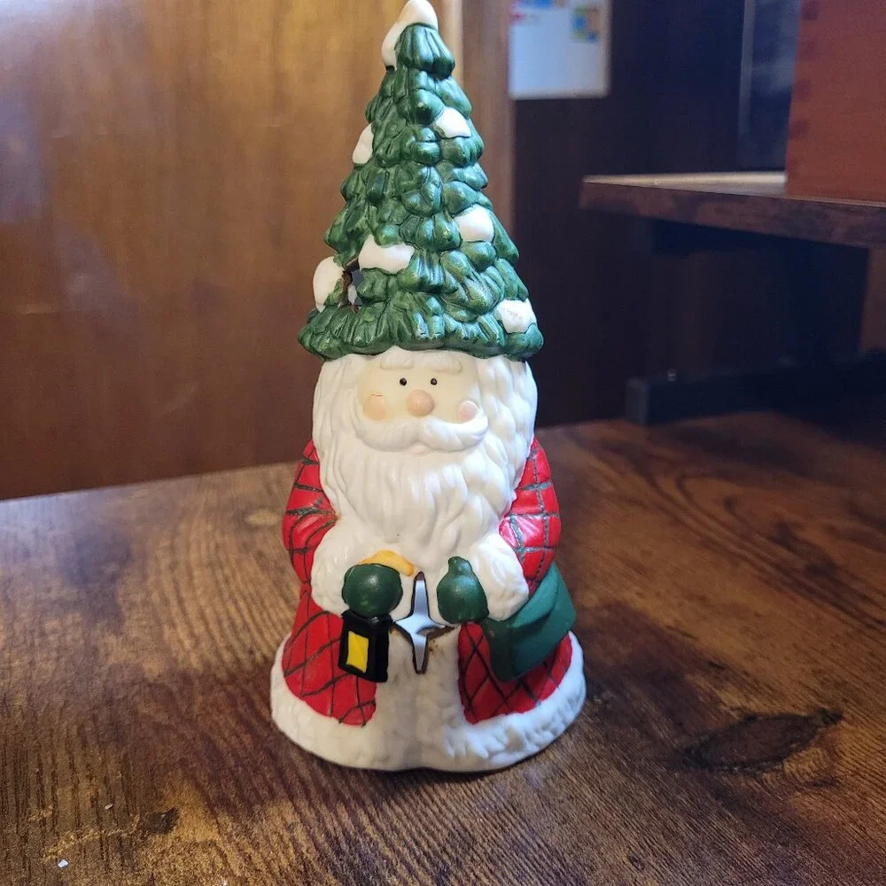 Joyful Christmas Wishes Red Glass & Santa Claus Tree Porcelain Candle Holder